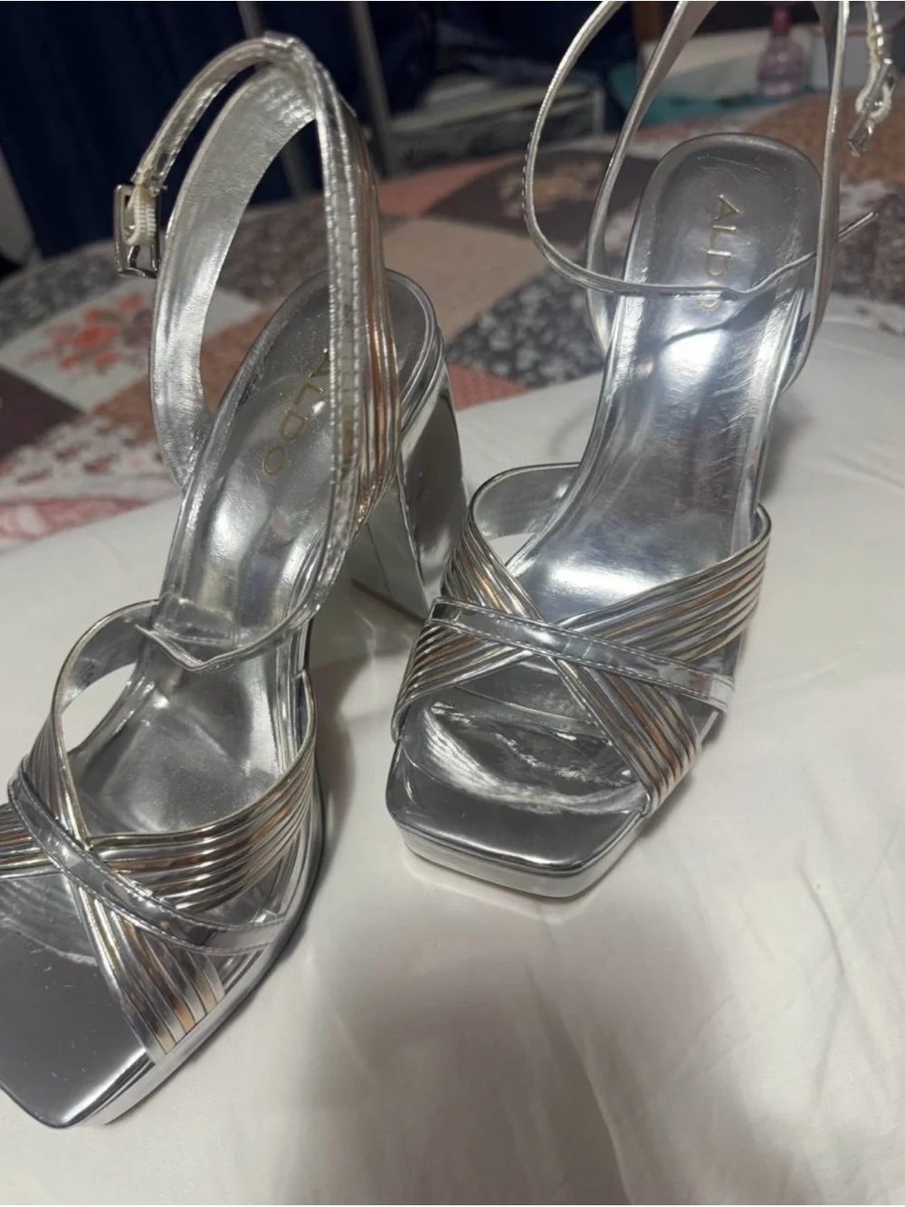 Aldo Metallic Silver Strappy Platform Sandals